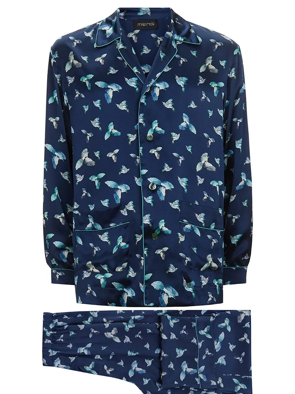 Navy Printed Silk Satin Pajama Set